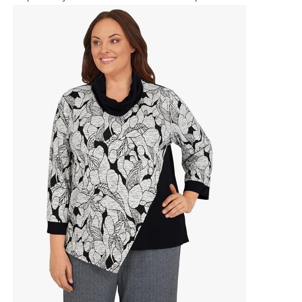 Alfred Dunner Woman 2X Cowl Neck Tunic Floral Leaf Print Asymmetrical Top Black